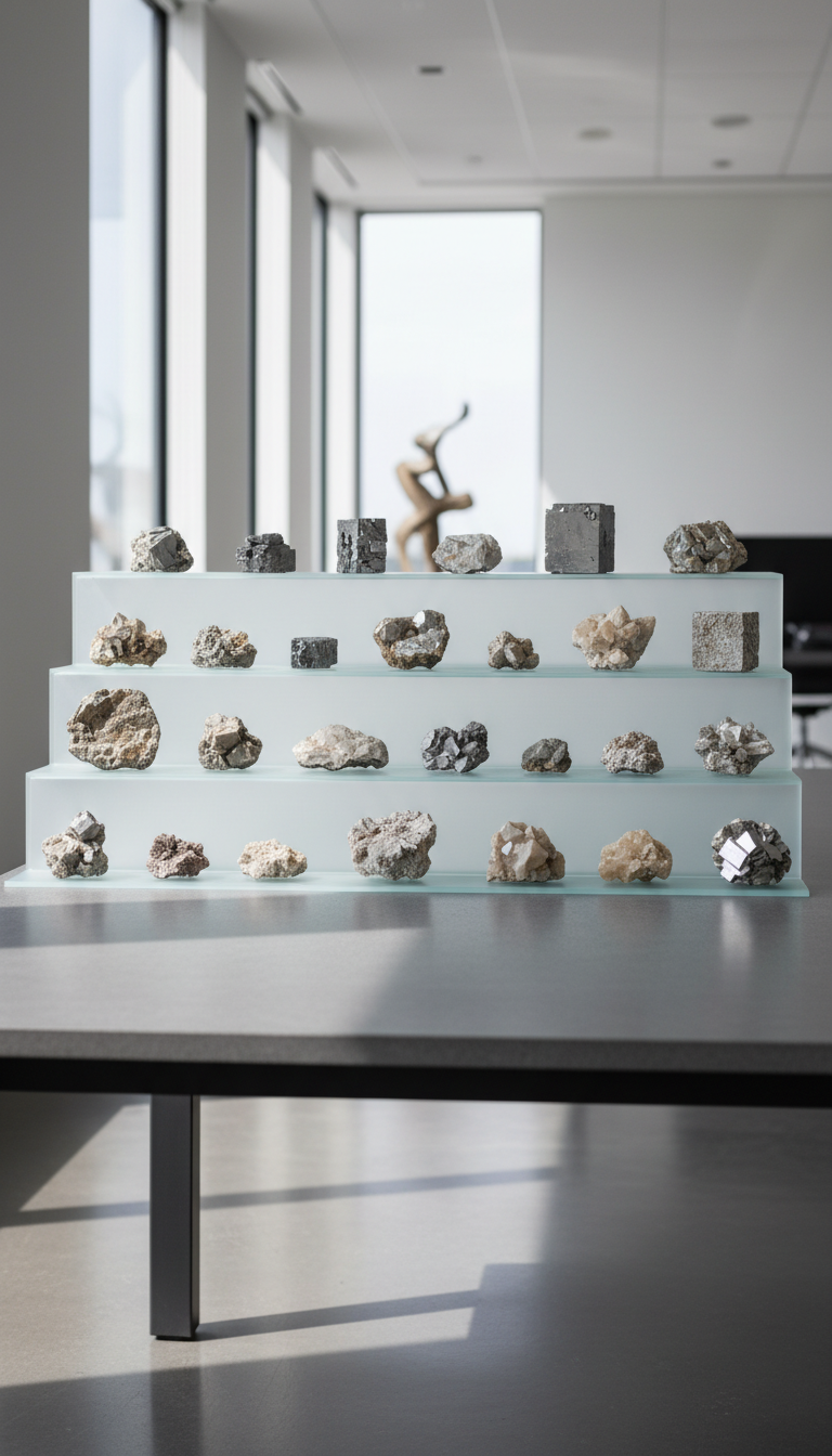 A meticulously organized display of raw mineral samples, each stone exhibiting unique luster, intricate crystalline structures, and natural hues ranging from silvery metallics to subtle earth tones. The minerals are arranged precisely on frosted glass shelves with clean lines atop a neutral stone table, set in a sleek, modern office with minimalistic décor. Soft diffused daylight enters from large windows, delivering balanced illumination and subtle highlights on the minerals, while casting gently defined shadows. The mood is professional and sophisticated, evoking scientific precision. Photographed at eye level with sharp detail on each sample and a shallow depth of field for a clean, corporate aesthetic suitable for a mineral exploration company’s homepage.